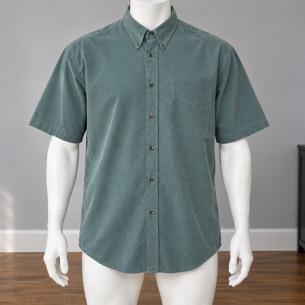 Club Room Mens L Teal Green Micro Stripe Rayon Short Sleeve Button Down Shirt